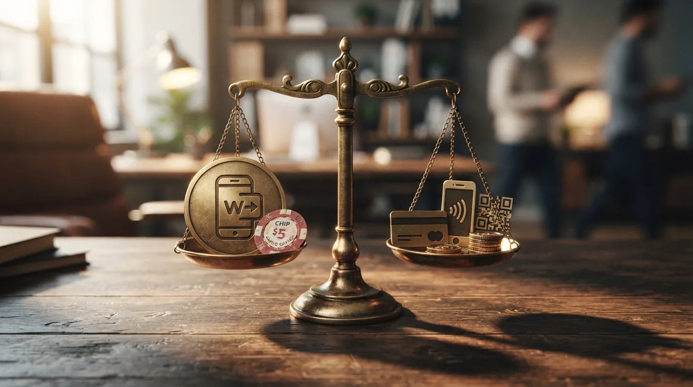 Waage mit EcoPayz-Logo auf der einen und PayPal- und Trustly-Logos auf der anderen Seite
