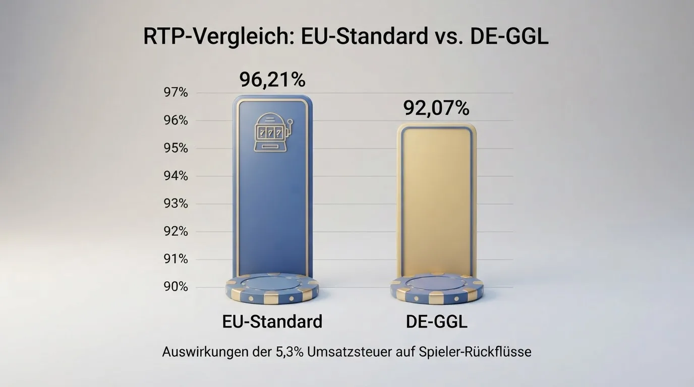Balkendiagramm: RTP-Vergleich Book of Dead und Starburst in EU-Standard- und DE-GGL-Variante