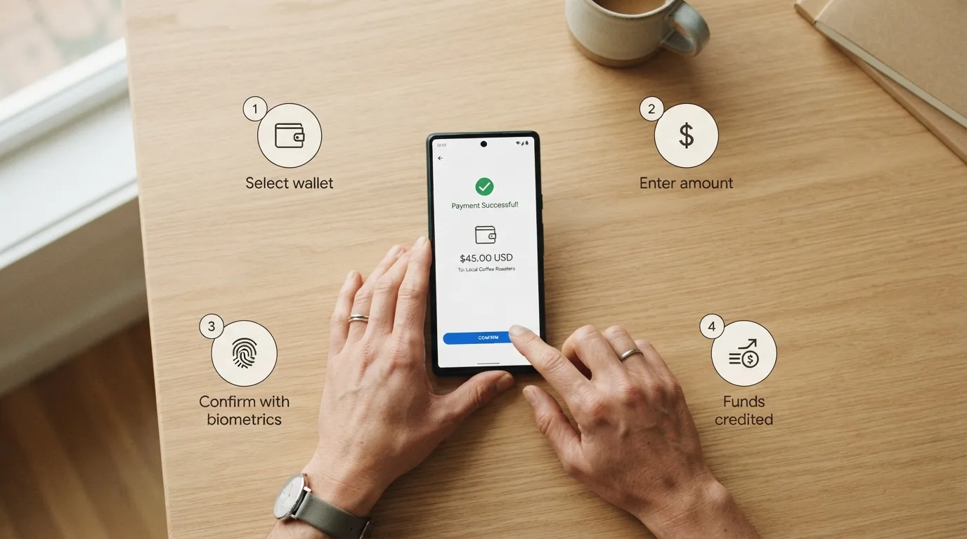 Vier Phasen einer Google-Pay-Casino-Einzahlung von der Kassen-Auswahl bis zur Gutschrift