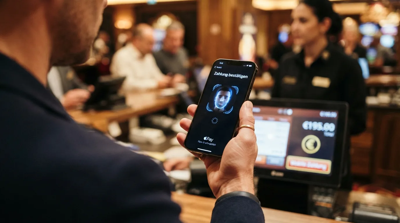 iPhone mit Face-ID-Authentifizierung und Einzahlungsvorgang im Casino-Kassenbereich