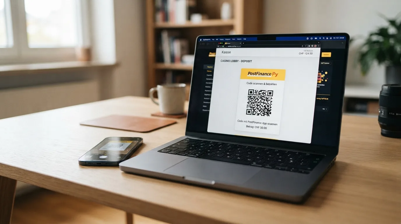 QR-Code-Einzahlung an einer Casino-Kasse mit PostFinance-Logo