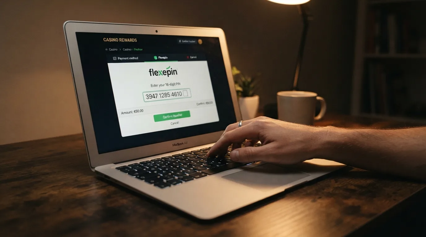 Kassierbereich eines Online-Casinos mit ausgewähltem Flexepin-Feld und PIN-Eingabemaske