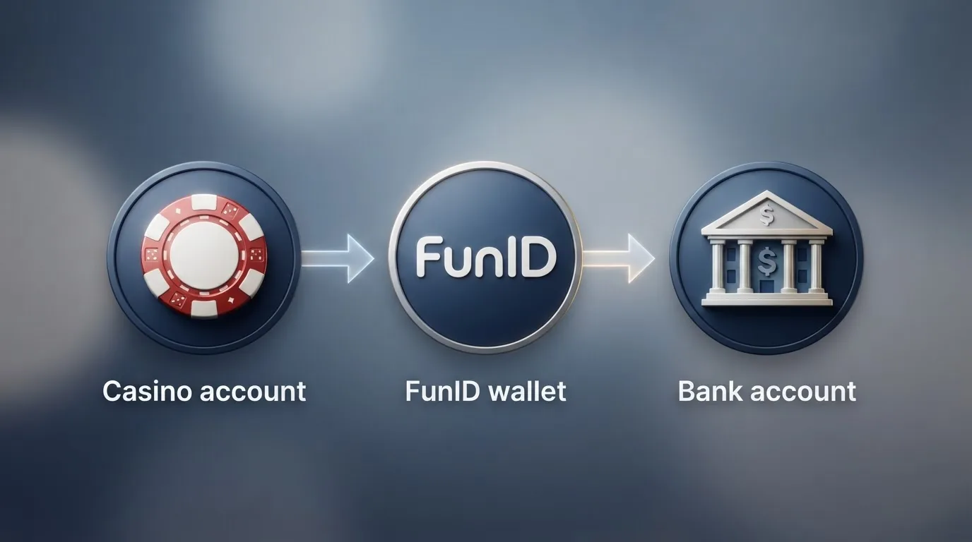 Visualisierung des Auszahlungsprozesses: Casino-Konto zu FunID-Konto zu Bankkonto
