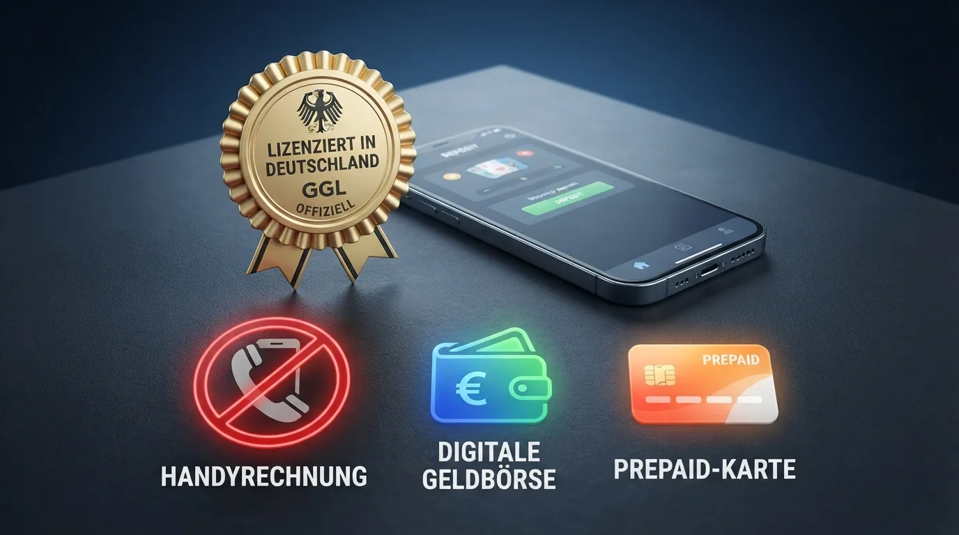 Das GGL-Siegel neben einer grafischen Darstellung der Zahlungslücke: Handyrechnung als durchgestrichenes Symbol, PayPal und Apple Pay als funktionierende Wege