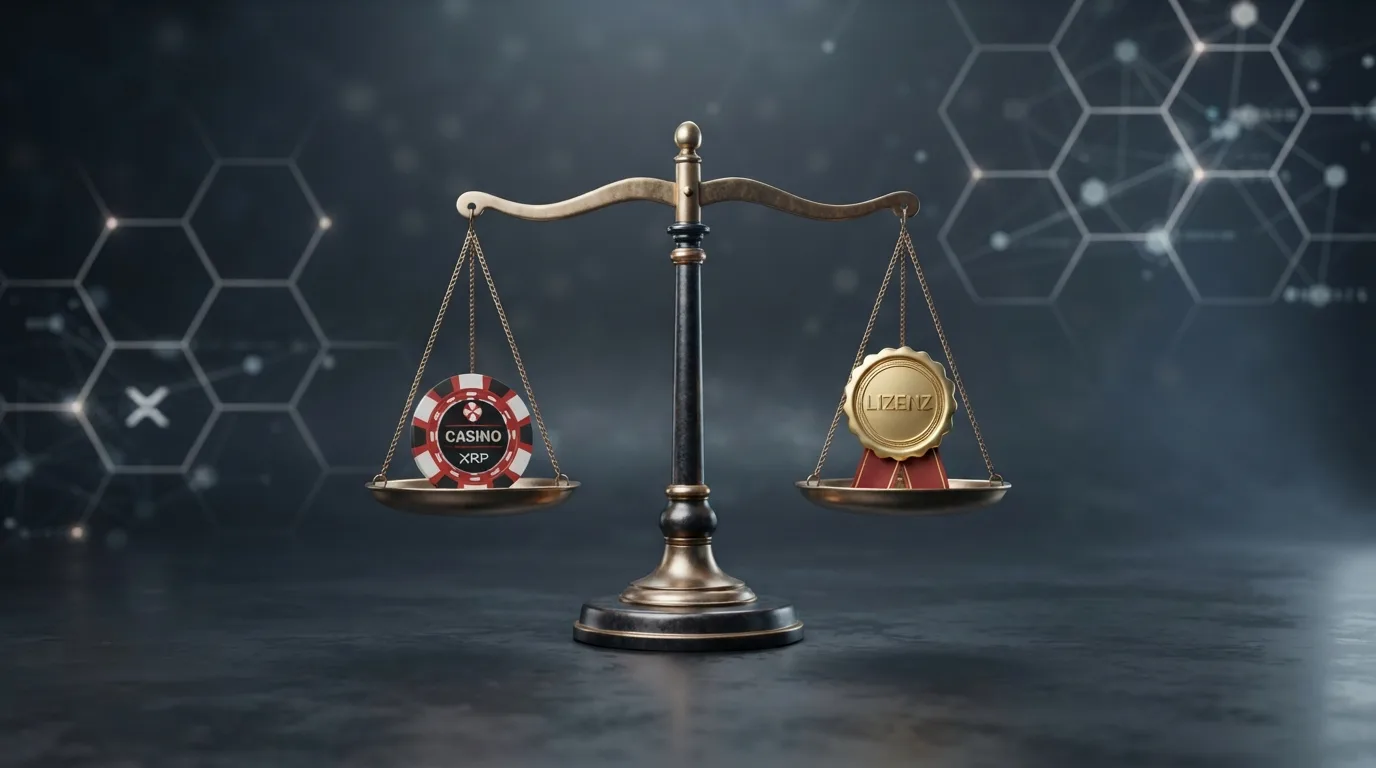 Justizwaage mit Krypto-Symbolen und Gesetzestext