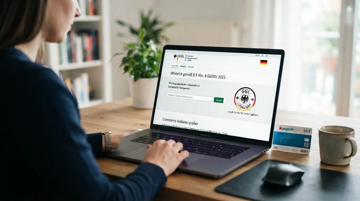 Screenshot der GGL-Whitelist-Seite mit sichtbarem Suchfeld und Erlaubnis-Logo