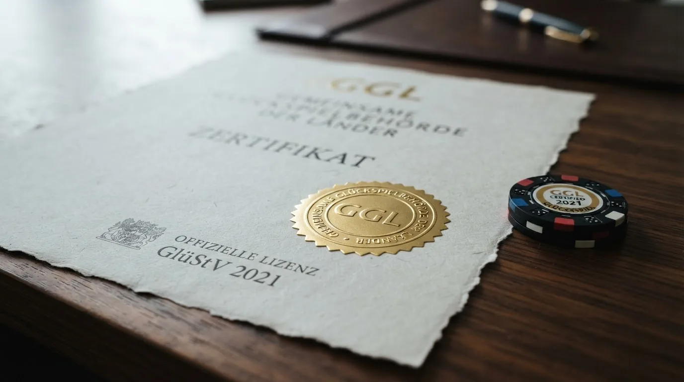 Offizielles GGL-Logo neben dem GlüStV 2021-Deckblatt, verbunden durch einen Pfeil mit der MuchBetter-App