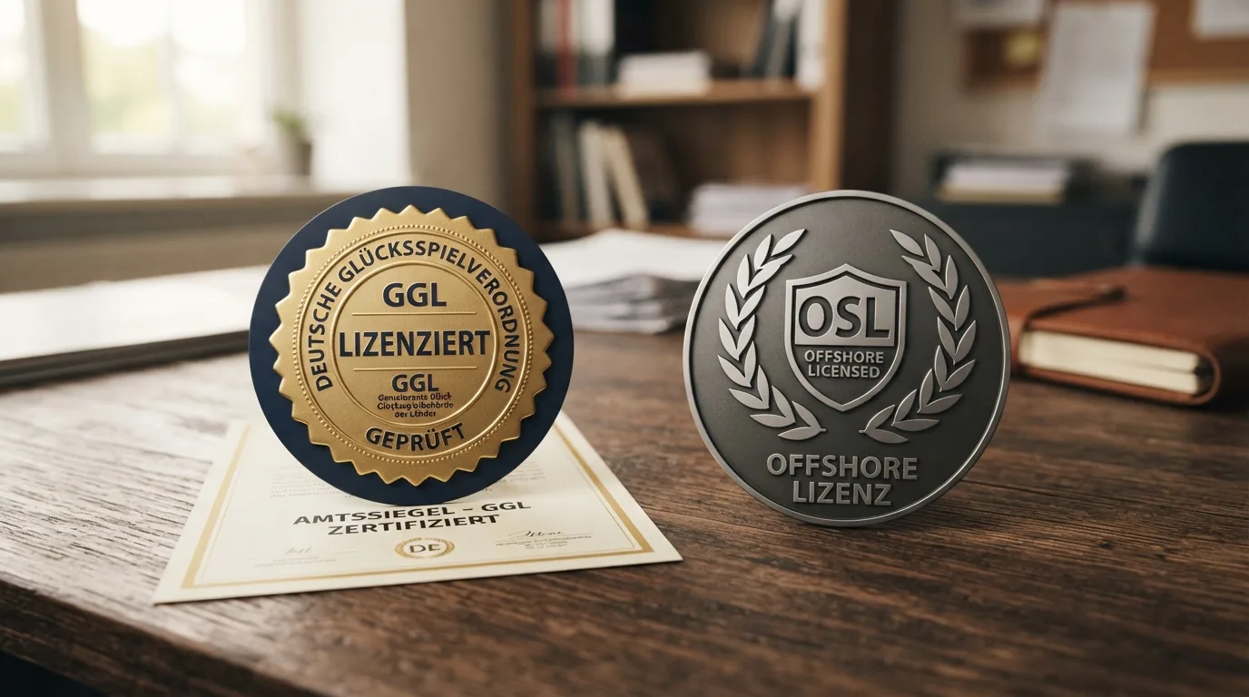 Deutsche Glücksspiel-Lizenz neben einem neutralen Offshore-Lizenzsymbol