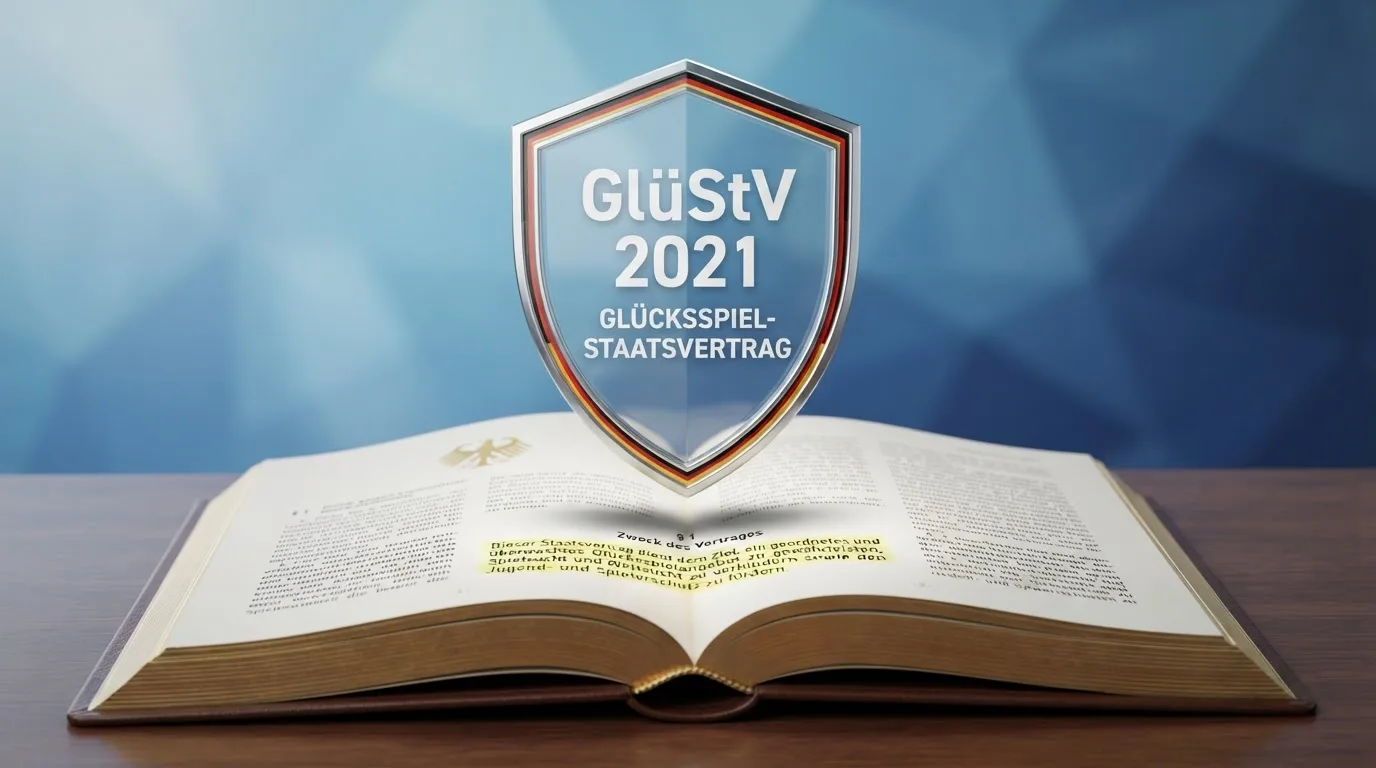 Paragrafen-Symbol mit GlüStV-2021-Schriftzug und GGL-Logo, visuelle Darstellung der regulatorischen Hürde