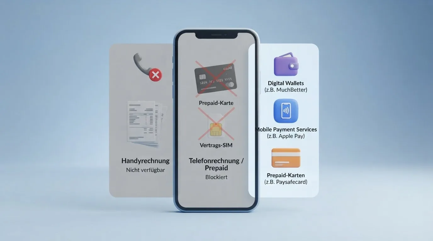 Drei Routen der mobilen Einzahlung im Überblick: Handyrechnung mit Sperrsymbol, Handyguthaben als technische Option, mobile Alternativen wie PayPal und Apple Pay als tatsächlich nutzbare Wege