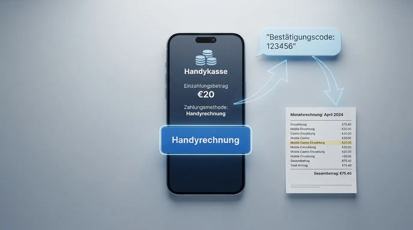 Schema: Mobiltelefon → SMS-Bestätigung → Casino-Guthaben, mit rotem X für Deutschland markiert