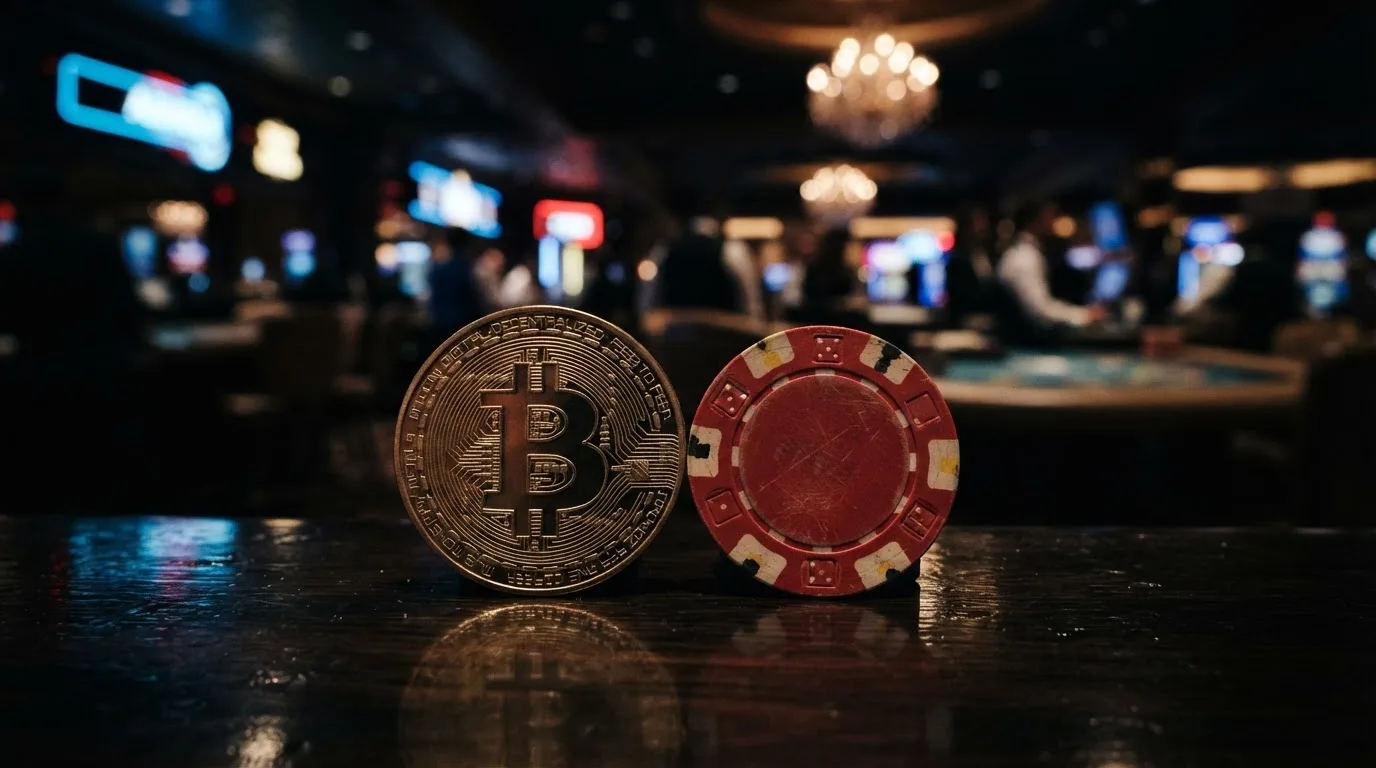 Stilisierte Bitcoin-Münze neben Casino-Chip als Offshore-Konzept