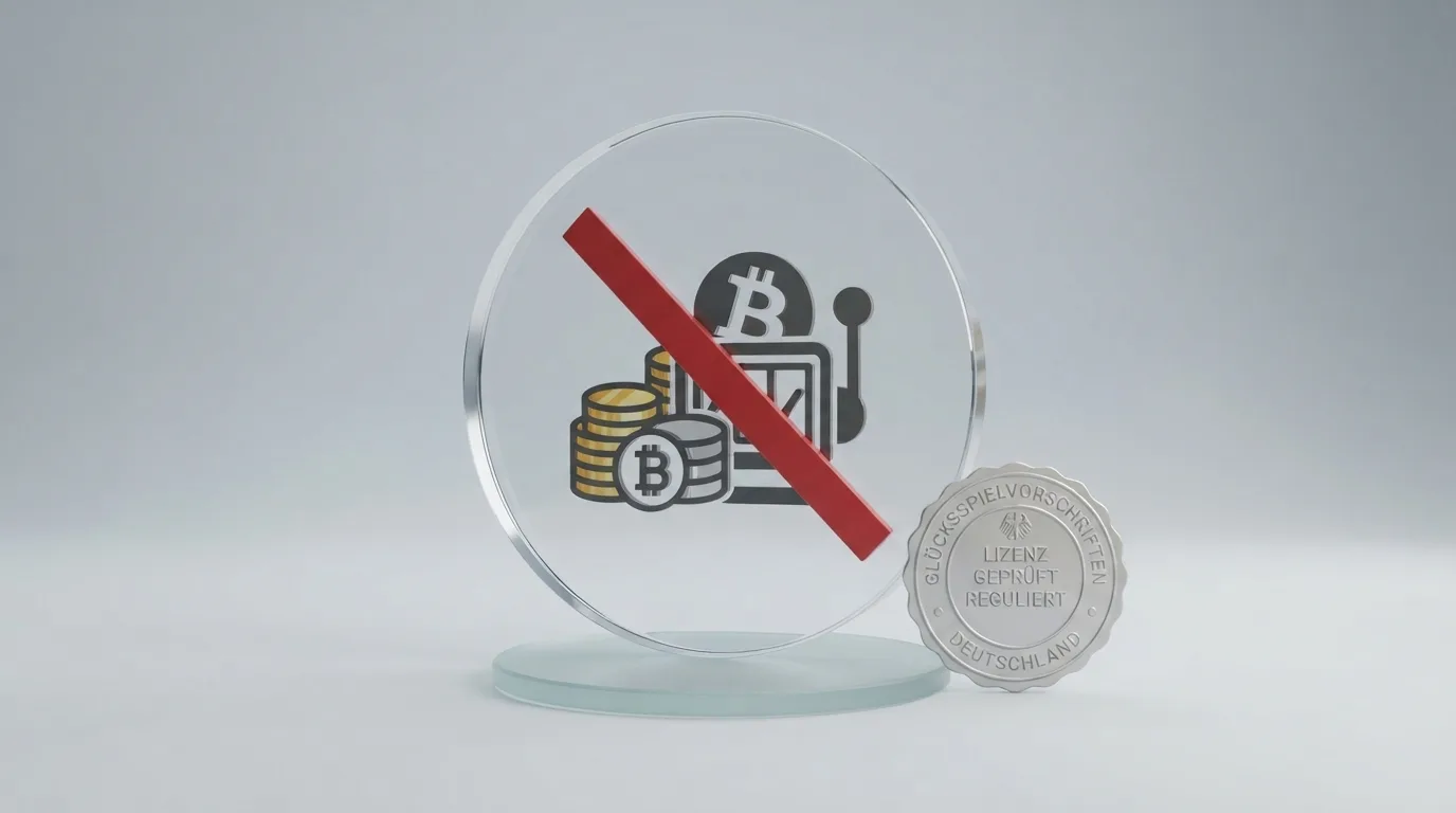 Ein durchgestrichenes Bitcoin-Symbol neben dem GGL-Logo — die Trennlinie zwischen legal und illegal