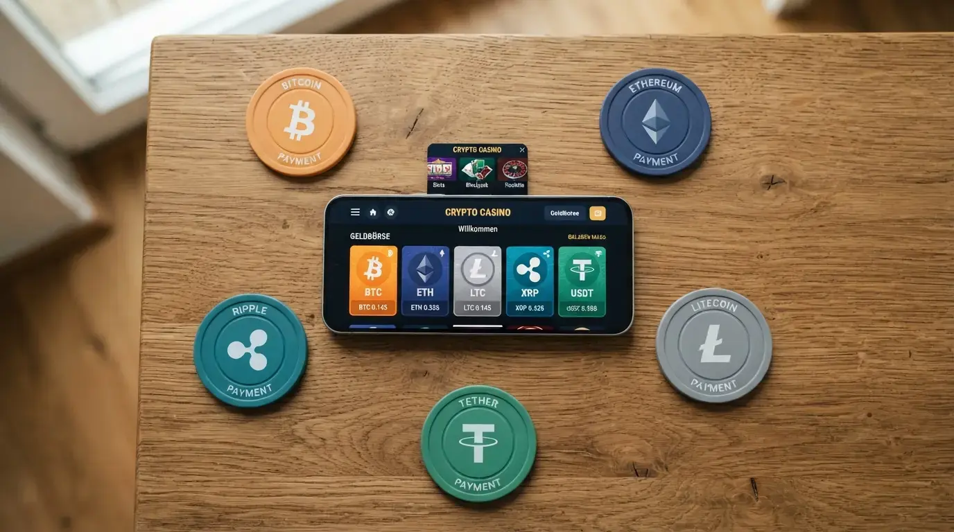Übersicht akzeptierter Kryptowährungen als Coin-Icons mit Casino-Logos daneben