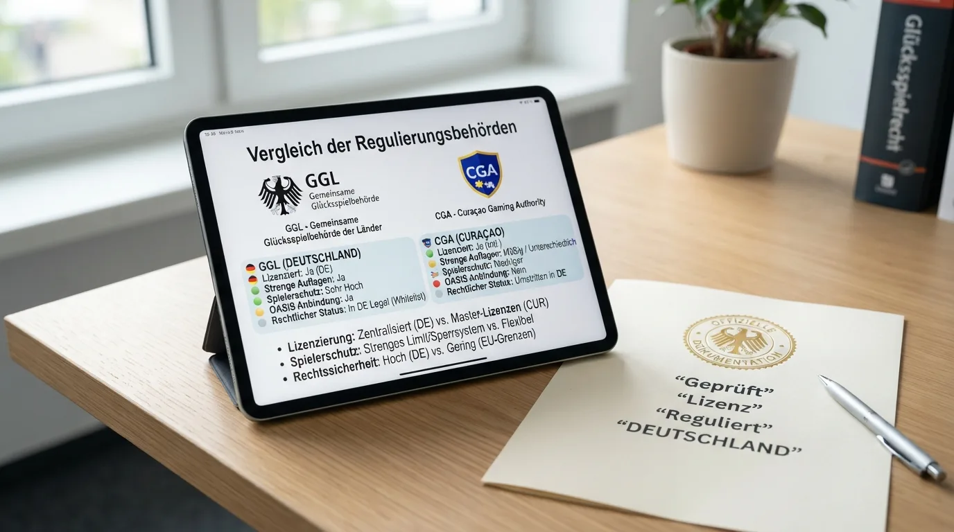 Nebeneinanderstellung GGL-Logo und Curaçao-CGA-Logo mit Deutschlandkarte und Pfeilen