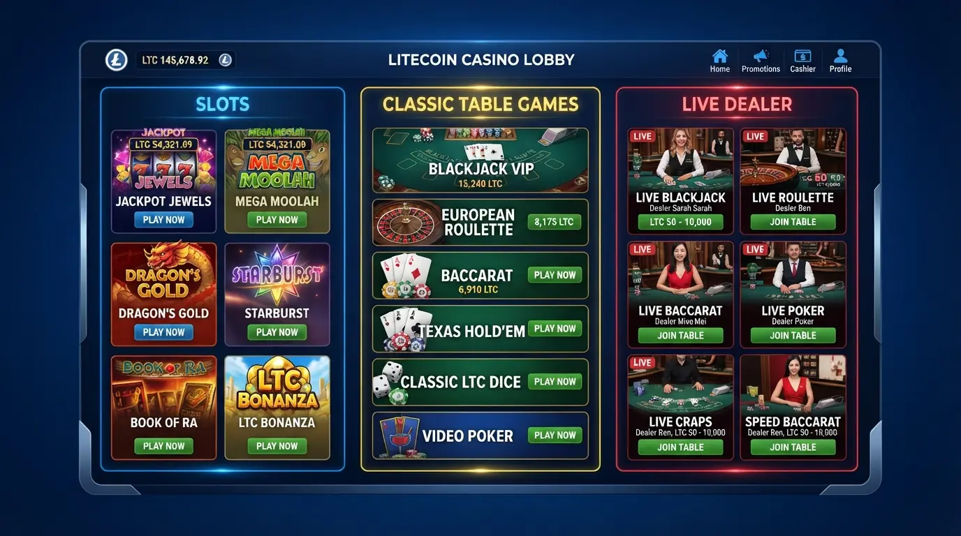 Eine Casino-Spielelobby mit Slots, Live-Dealer-Thumbnails und Tischspielen