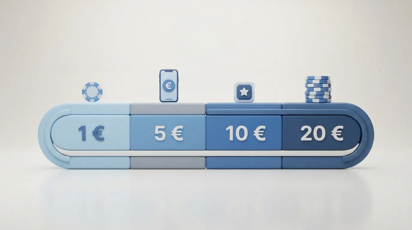 Vier Stufen einer Skala von 1 € bis 20 € mit Symbolen für Bonus, Spiele und Methoden