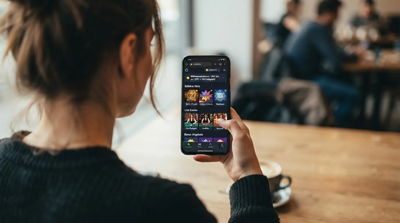 Smartphone in der Hand mit geöffnetem Krypto-Casino im mobilen Browser und Spielkacheln