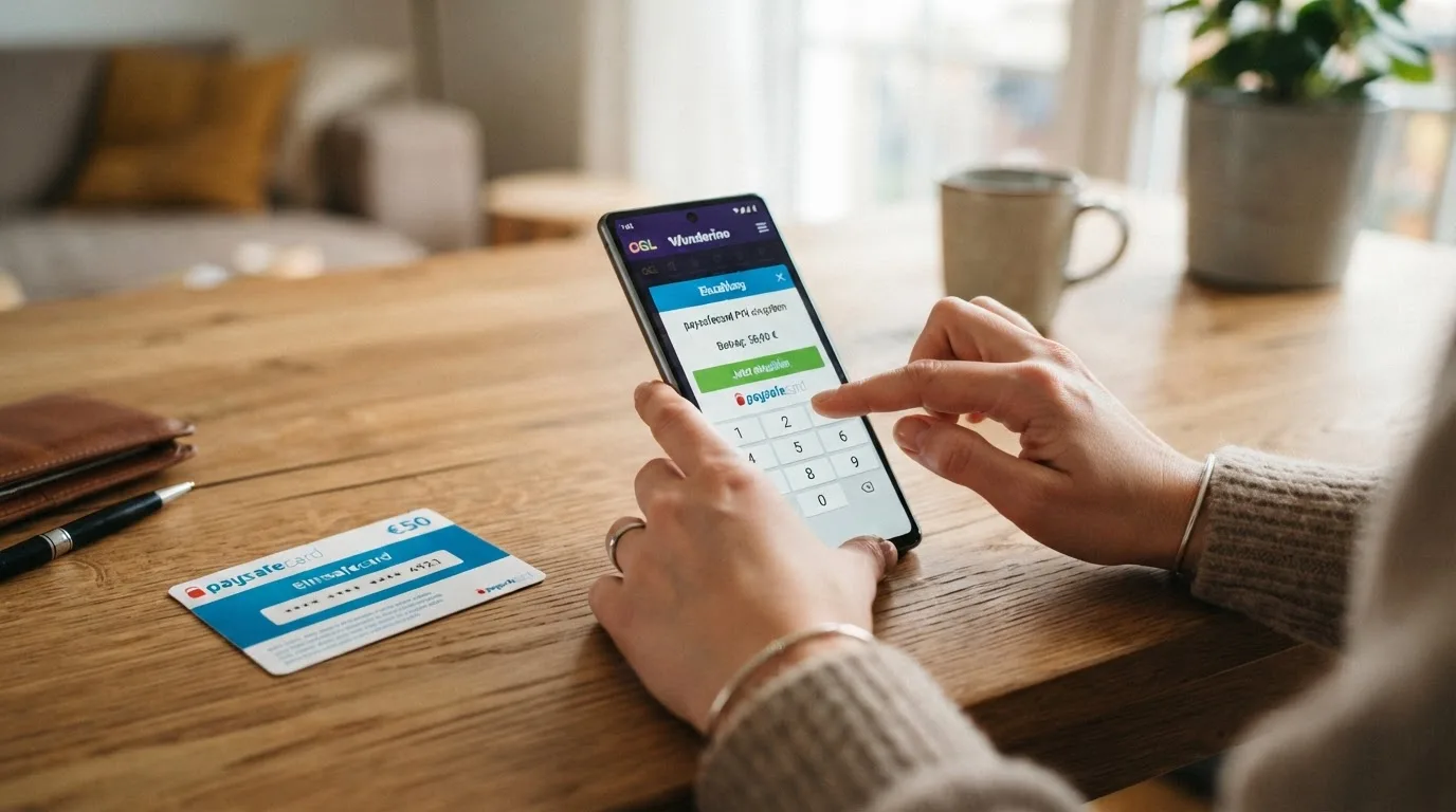 Smartphone mit geöffneter Casino-App und Paysafecard-Zahlungsdialog auf dem Display