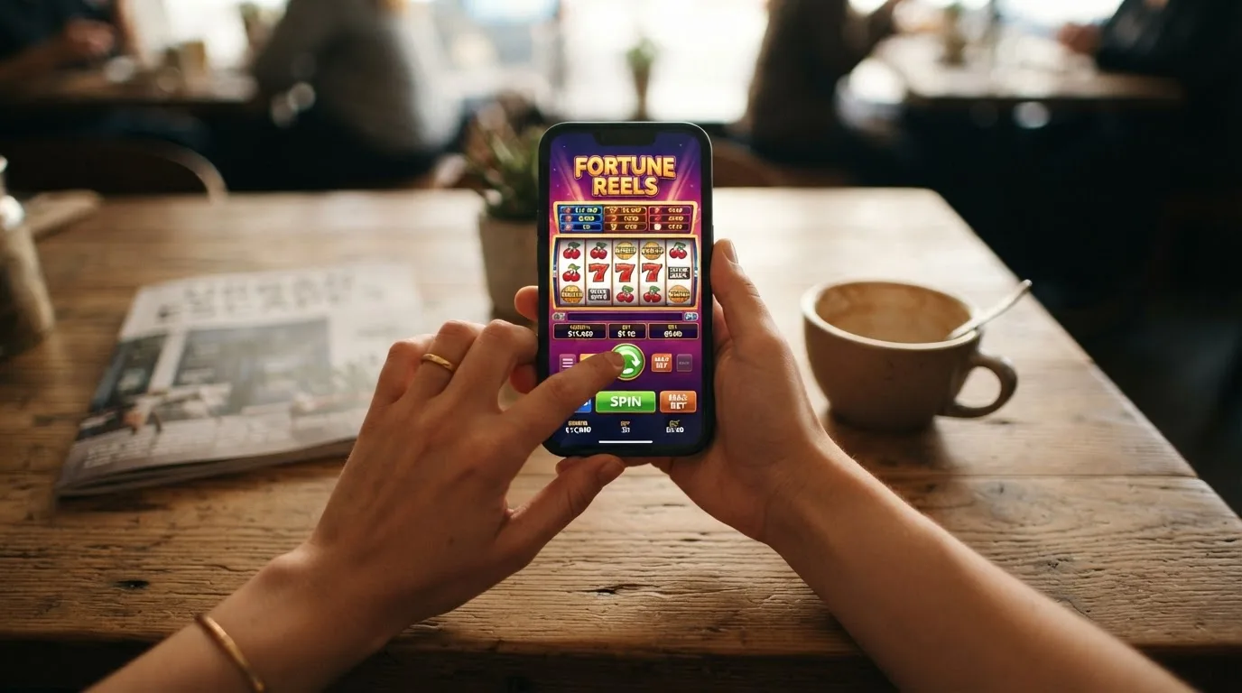 Smartphone mit geöffneter Spielothek im Browser und sichtbarem Spielautomaten