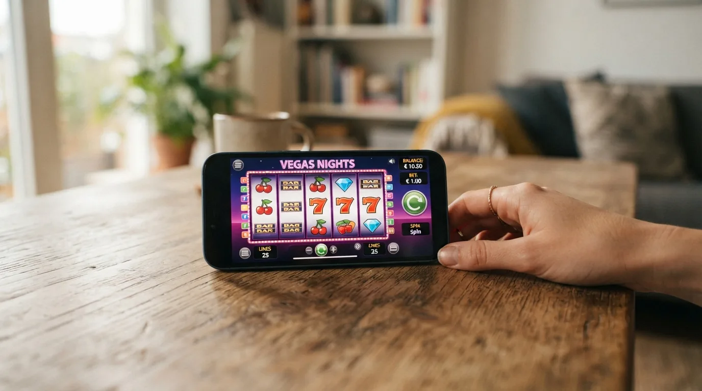 Smartphone-Ansicht eines Casino-Slots mit 10-€-Budget-Anzeige