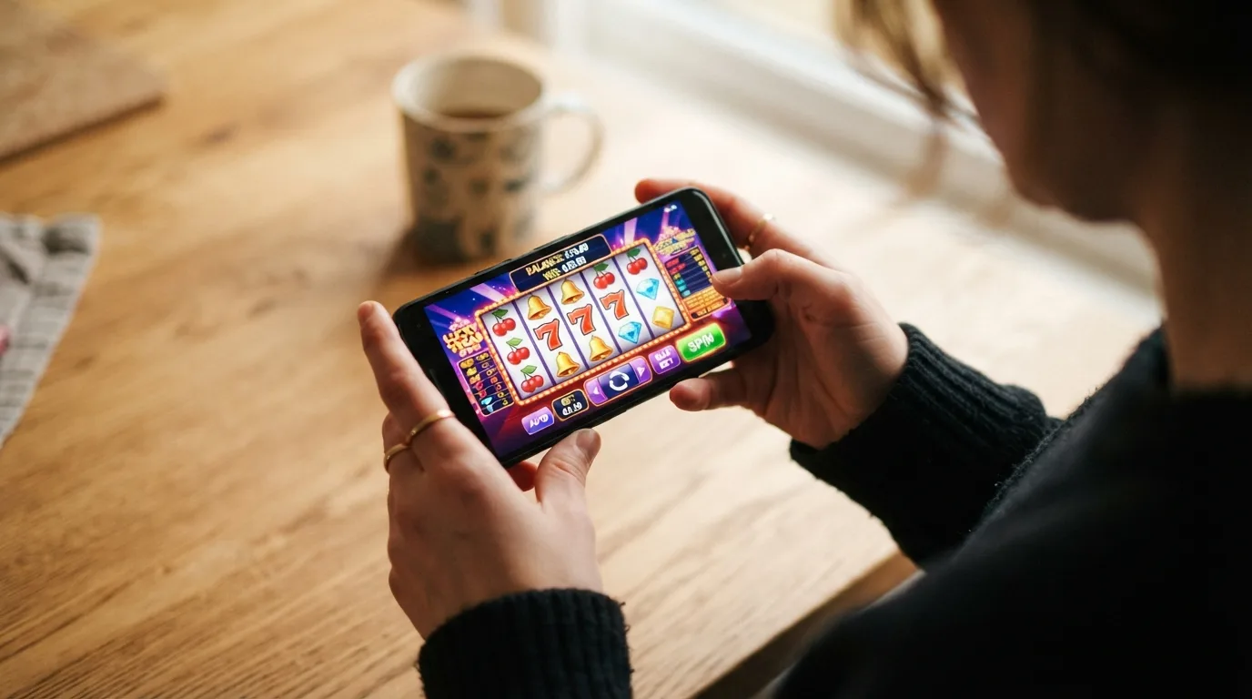 Ein Smartphone im Querformat mit geöffnetem Casino-Slot und sichtbarem 15-€-Guthaben