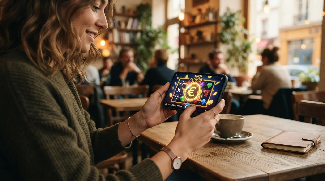 Smartphone mit geöffnetem Casino-Spiel und XRP-Wallet