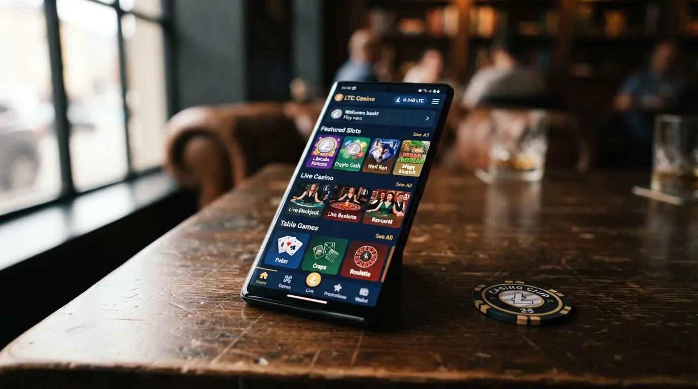 Ein Smartphone mit geöffneter Casino-Website und sichtbarem LTC-Guthaben