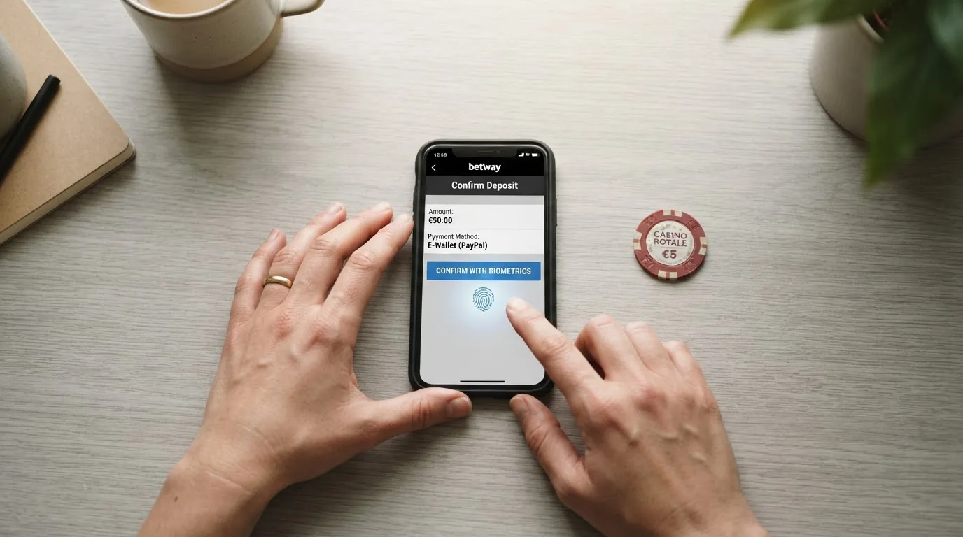 Schematische Darstellung des Einzahlungsvorgangs: Casino-Kasse → MuchBetter-Login → Betrag wählen → Bestätigung per Touch-ID → Sofortgutschrift