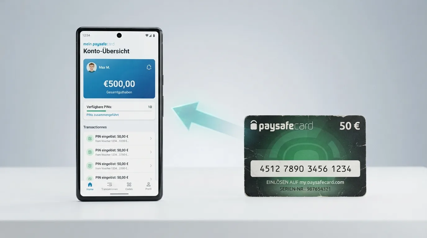 myPaysafecard-Konto-Übersicht mit gebündelten PINs und Guthabenanzeige vs. eine einzelne physische Paysafecard
