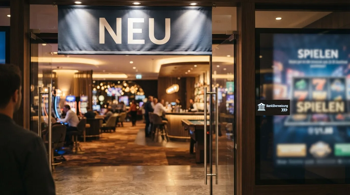 Stilisierte Eröffnung eines Online-Casinos mit Neu-Banner über dem Eingang und Banküberweisung-Symbol