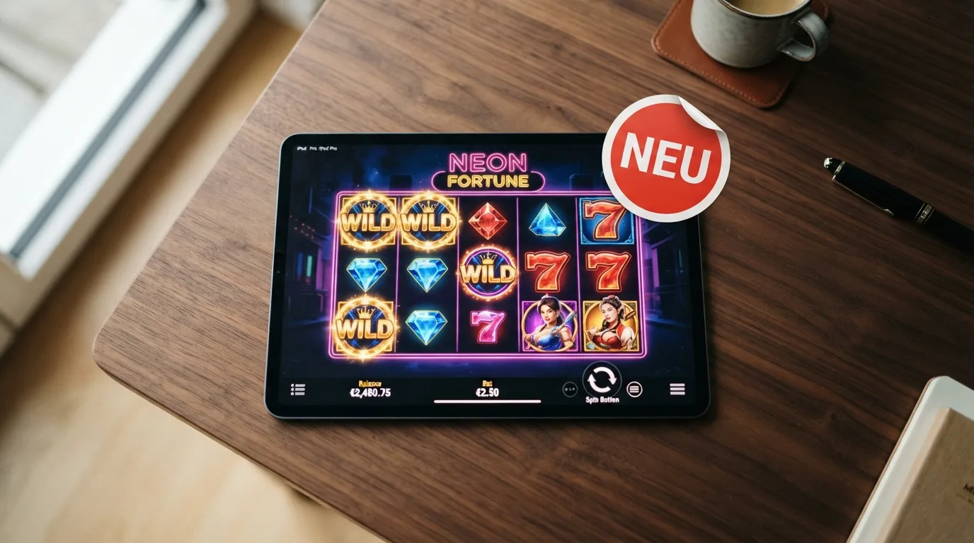 Ein „Neu“-Aufkleber auf einem stilisierter Casino-Hintergrund mit CashtoCode-Logo