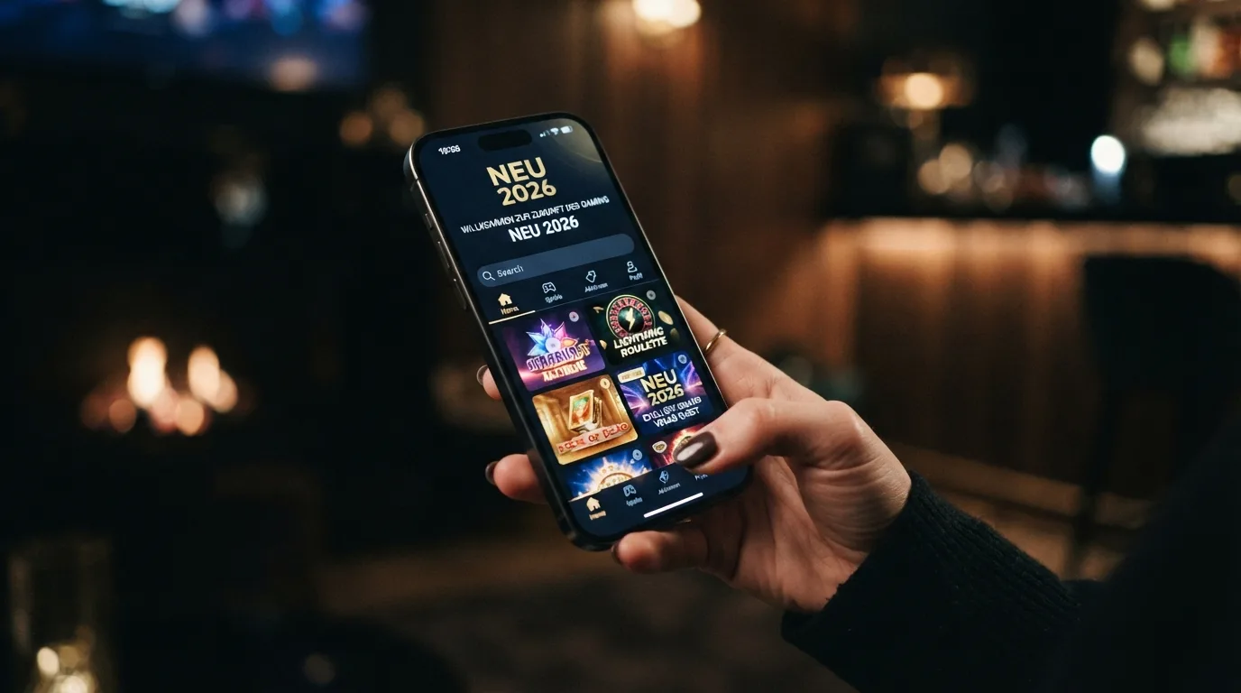 Stilisierte Casino-Lobby mit dem Label „Neu 2026“ und modernem Interface