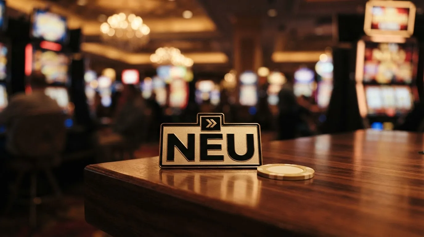 Stilisiertes „NEU“-Label auf Casino-Hintergrund mit FunID-Logo