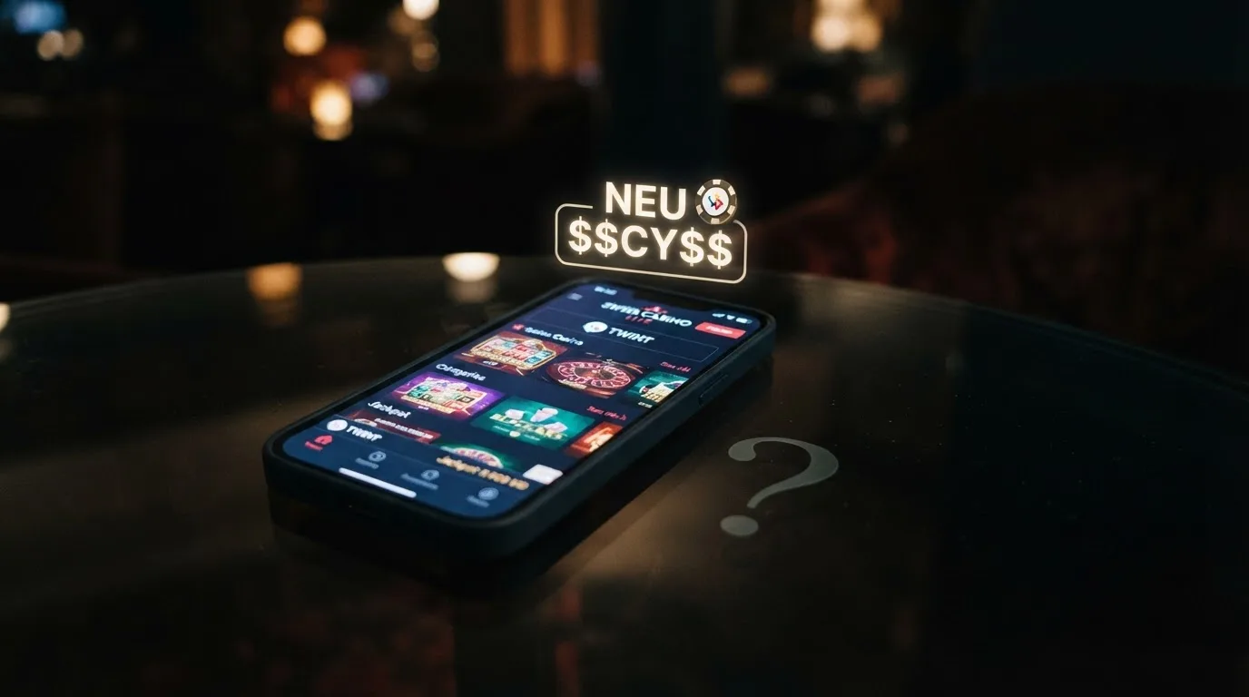 „Neu 2026“-Badge auf Casino-Kachel mit Fragezeichen-Overlay — die Unsicherheit neuer Anbieter