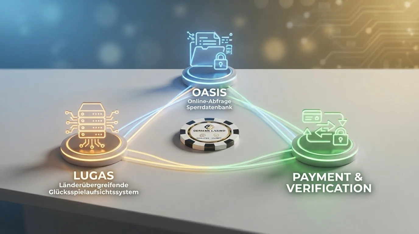 Schematische Darstellung: Spieler, Casino, OASIS-Abfrage, LUGAS-Limitdatei, Einzahlung freigegeben oder blockiert