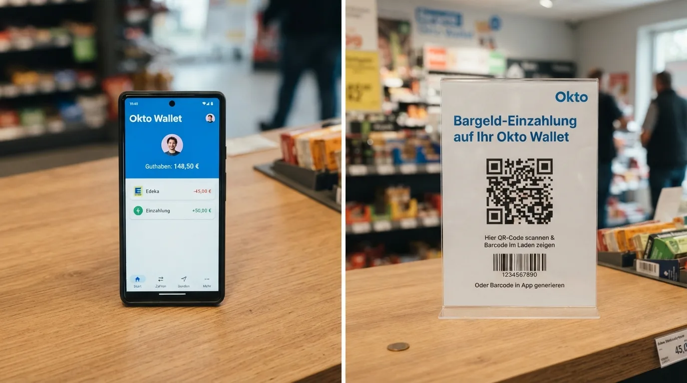 Gegenüberstellung: Okto Wallet App und Okto.Cash QR-Code an einer Verkaufsstelle