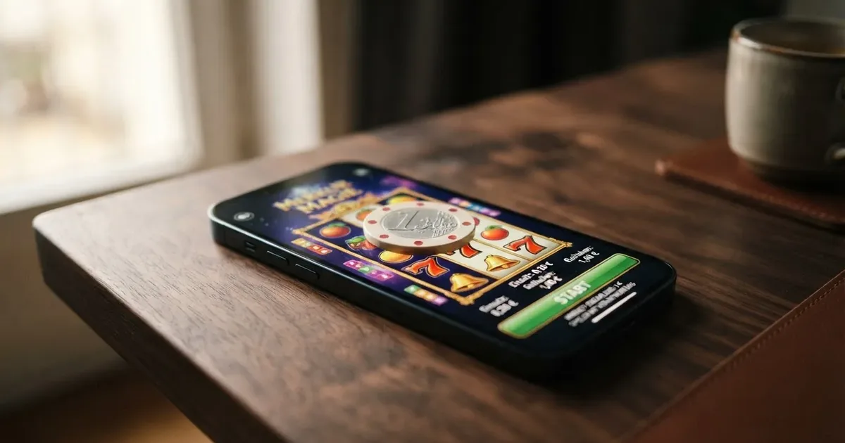 Ein 1-Euro-Stück neben einem Smartphone mit geöffneter Casino-Lobby