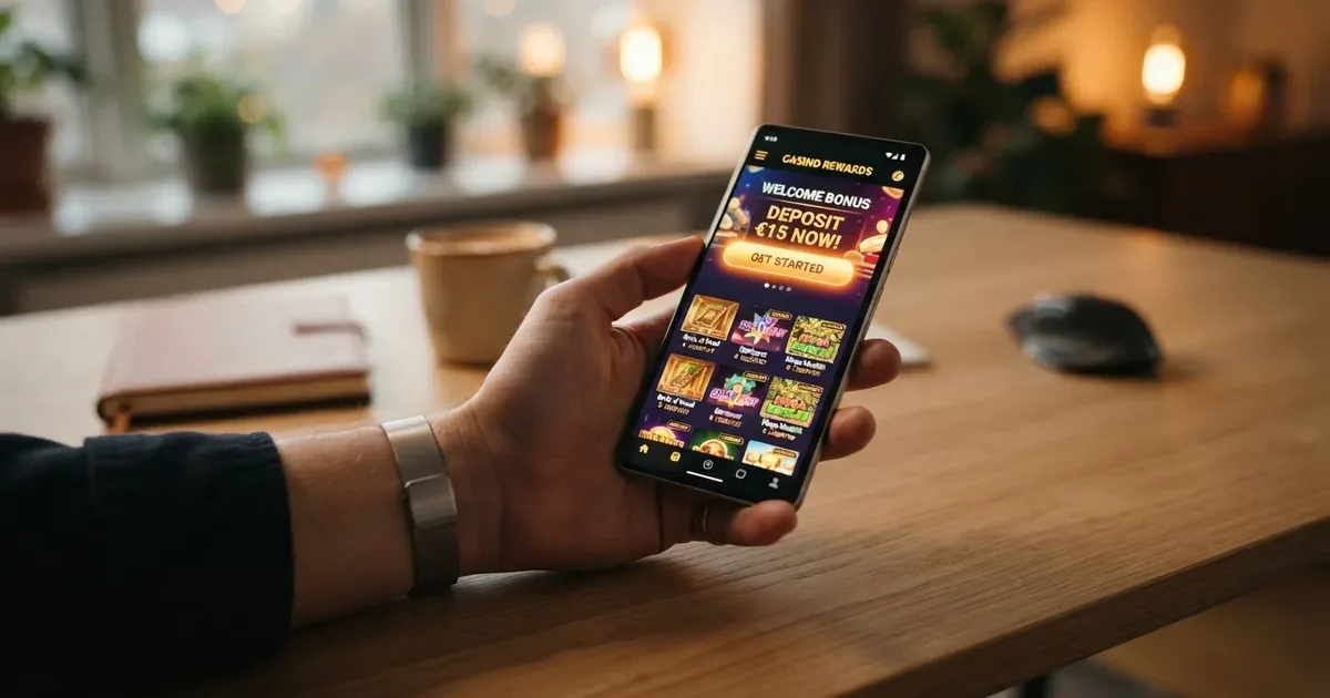 Eine Casino-Lobby auf dem Bildschirm mit überlagertem 15-Euro-Schein — der Einstieg ins Echtgeldspiel mit niedrigem Budget