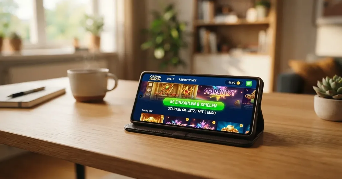 Smartphone mit Casino-Lobby und hervorgehobenem 5-Euro-Einzahlungsbutton