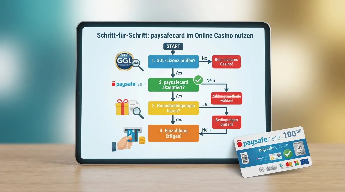 Entscheidungsgrafik: GGL-Logo + Paysafecard + Haken-Liste