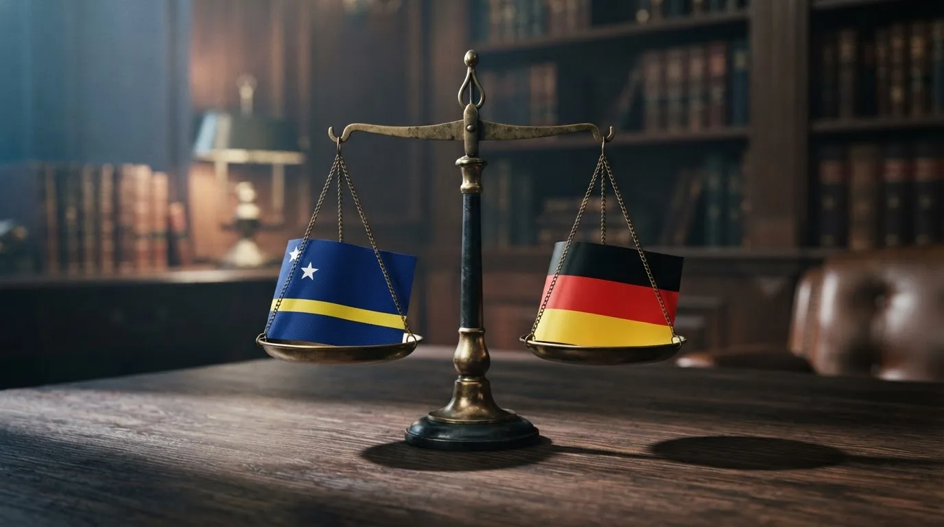 Waage der Justiz mit Curaçao-Flagge auf der einen und GGL-Siegel auf der anderen Seite