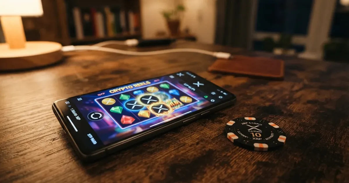 Ripple-XRP-Logo mit Casino-Chips auf dunklem Hintergrund, Hero-Bild