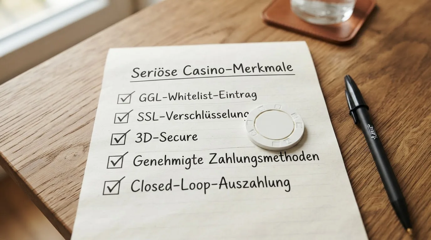 Checkliste mit Prüfkriterien und Gütesiegel-Symbolen für seriöse Online-Casinos