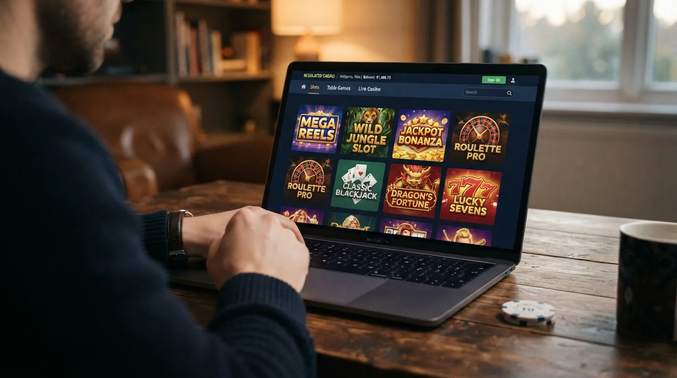 Ansicht der Slot-Lobby eines regulierten Online-Casinos mit Anzeige der gestaffelten Einsatzlimits