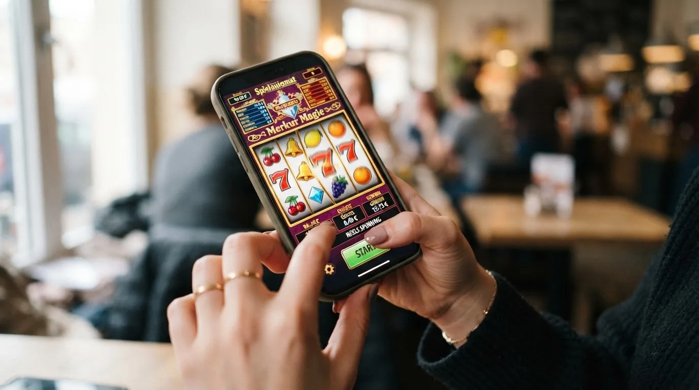 Ein Smartphone im Querformat mit einem geöffneten Spielautomaten und Touch-Bedienung