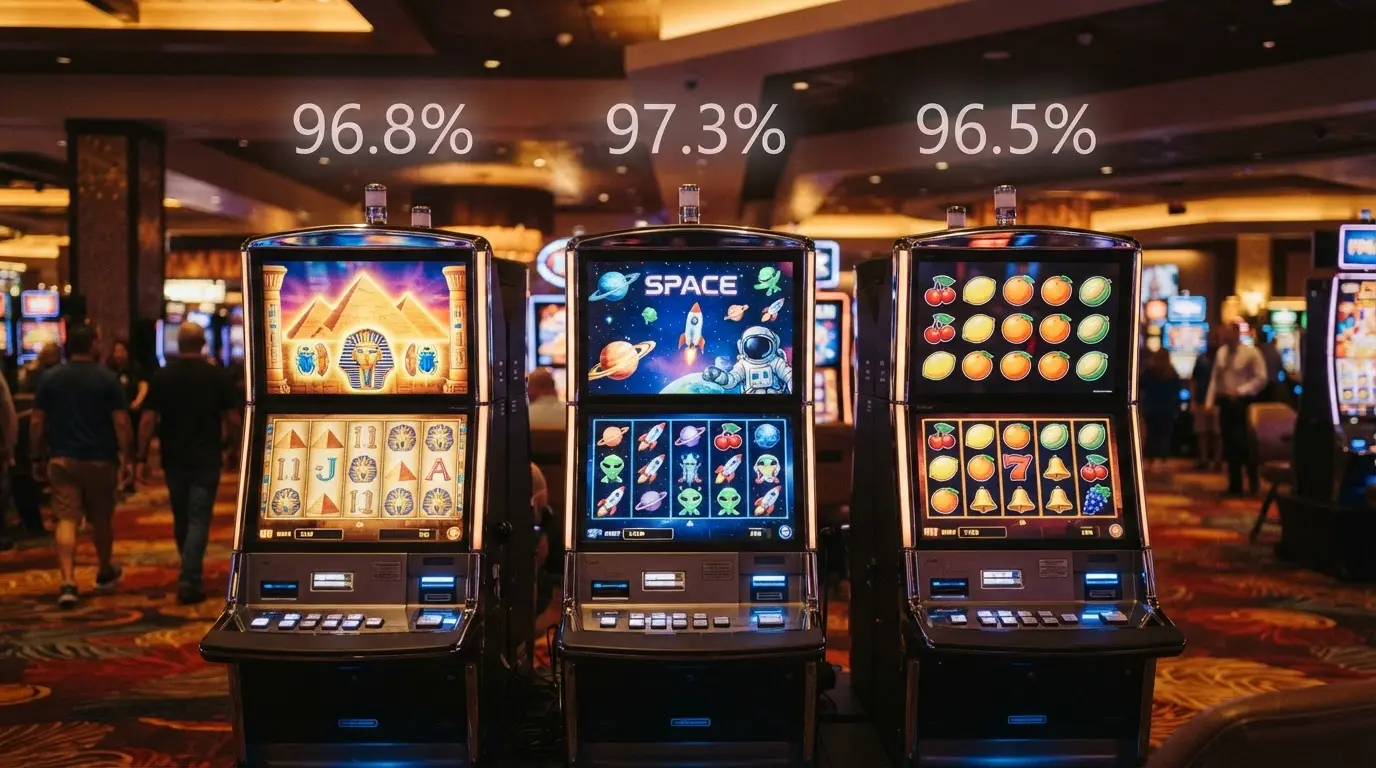 Drei verschiedene Spielautomaten nebeneinander aufgereiht mit hervorgehobenen RTP-Prozentzahlen