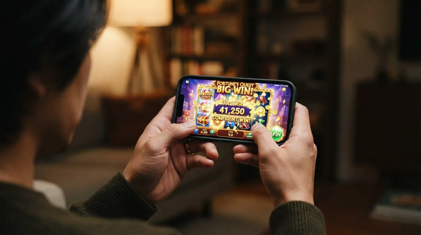Smartphone im Querformat mit mobilem Spielautomat, Touch-Bedienung mit Daumen
