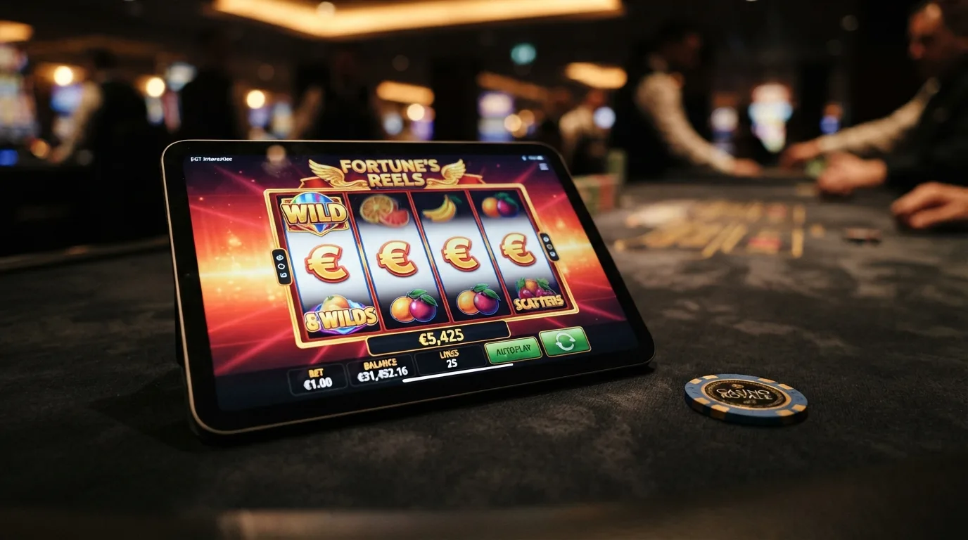 Spielautomat mit hervorgehobenem RTP-Prozentwert als Overlay
