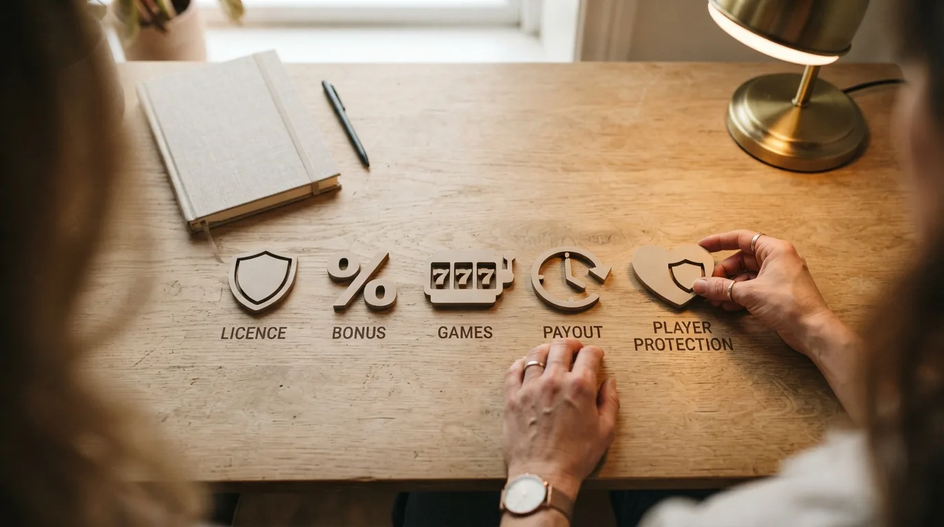 Die fünf Bewertungskriterien als Icons im Kreislayout: Lizenz, Bonus, Spiele, Auszahlung, Spielerschutz